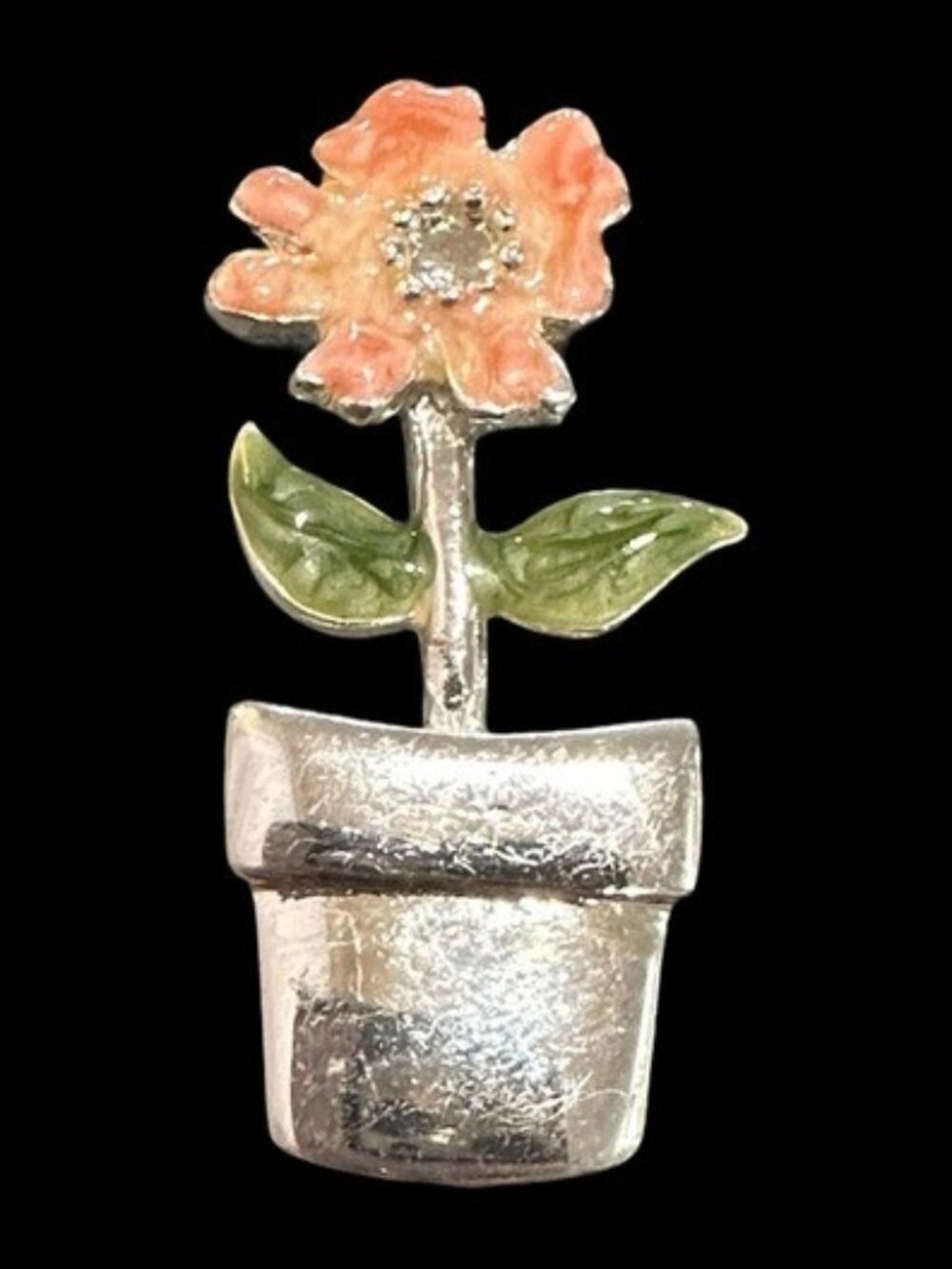 Vintage Silver-Tone Flower Pot Brooch With Pink Enamel Petals & Green Leaves 1.7